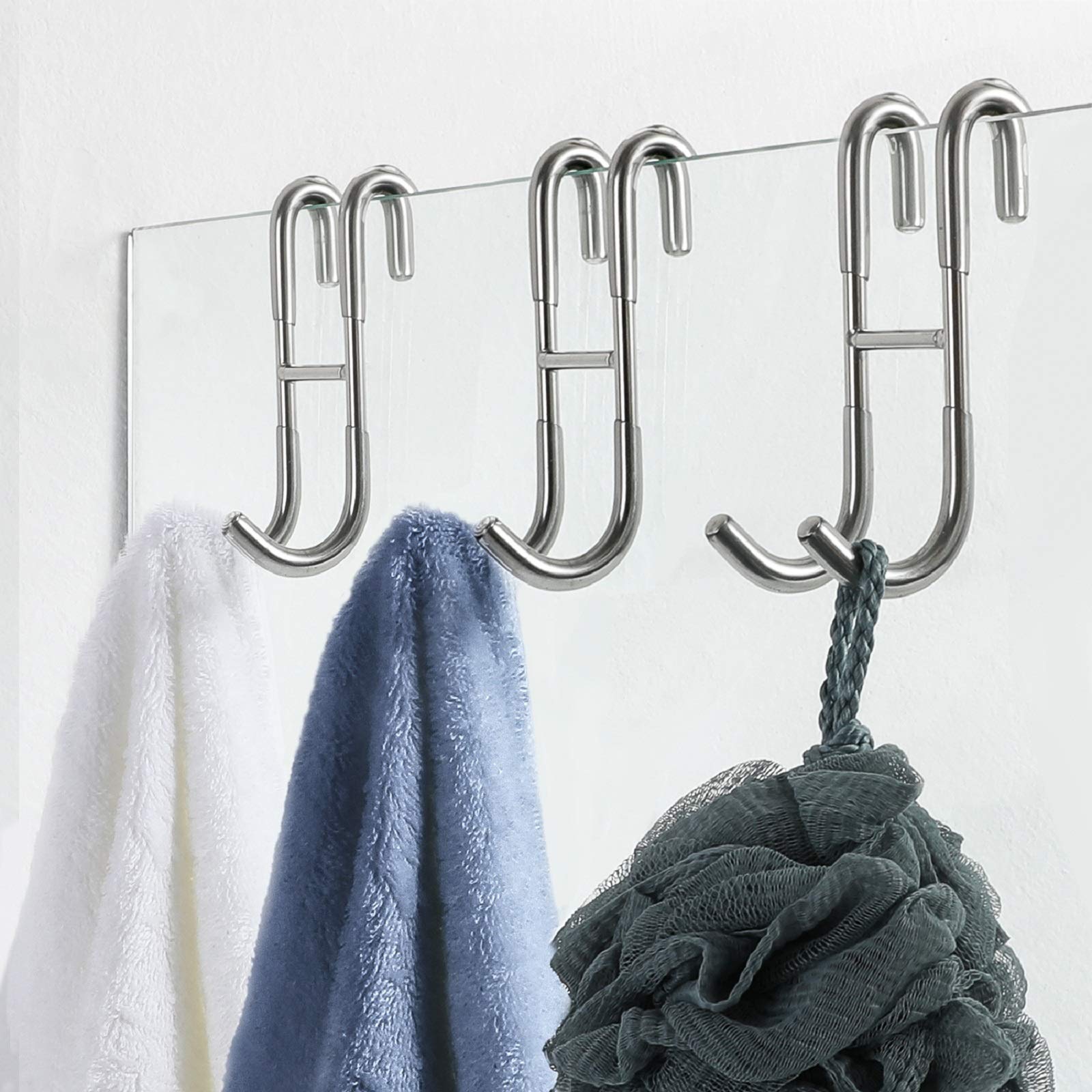 SimtiveShower Door Hooks (3-Pack), Over Door Hooks for Bathroom Frameless Glass Shower Door, Towel Hooks, Shower Squeegee Hooks, Silver