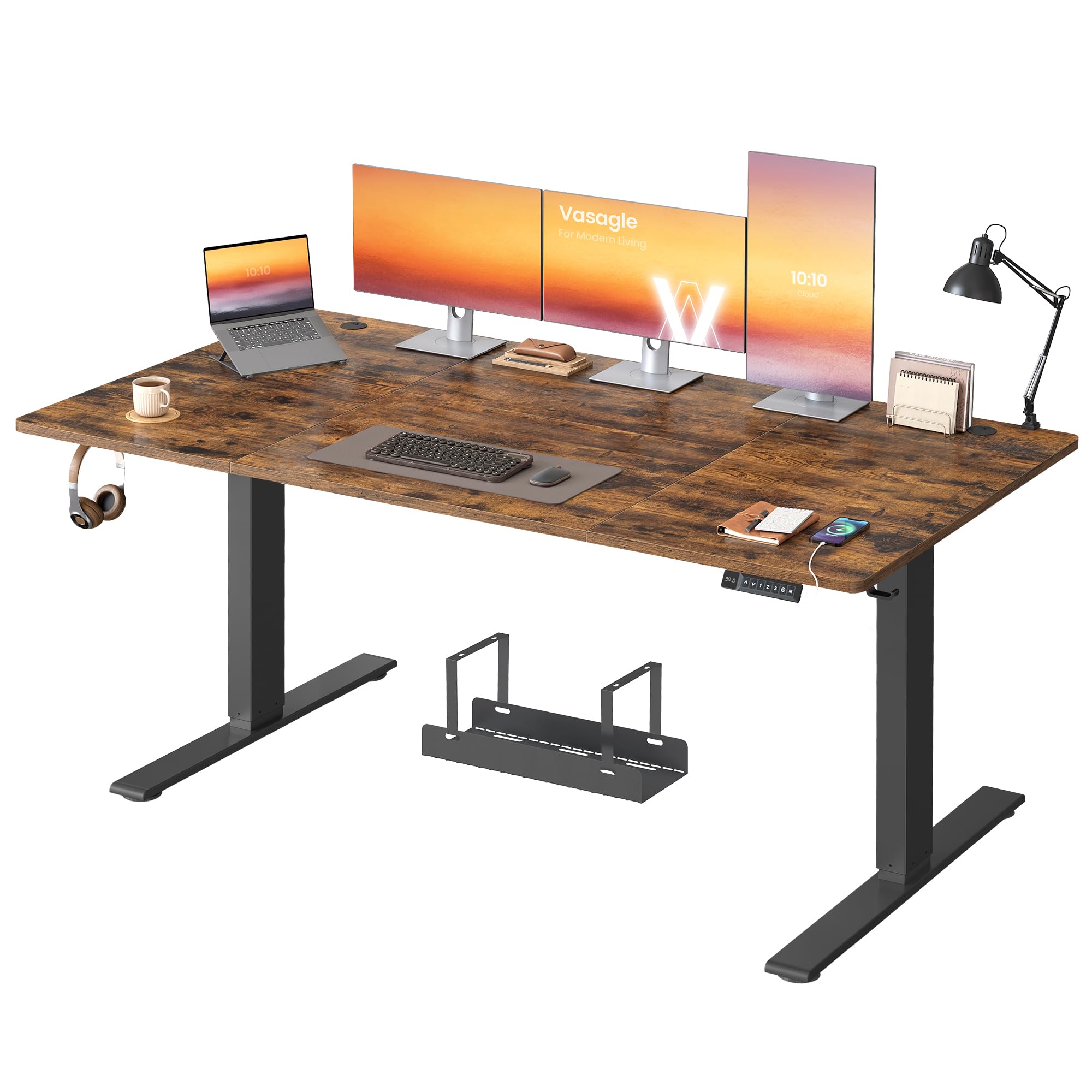 VASAGLE Höhenverstellbarer Schreibtisch, 180 x 80 cm, USB-C-Anschluss, Ablage für Steckdosenleiste, Stehtisch, Erinnerung bei langem Sitzen, 3 Speichertasten, für Büro, vintagebraun LSD148KD02