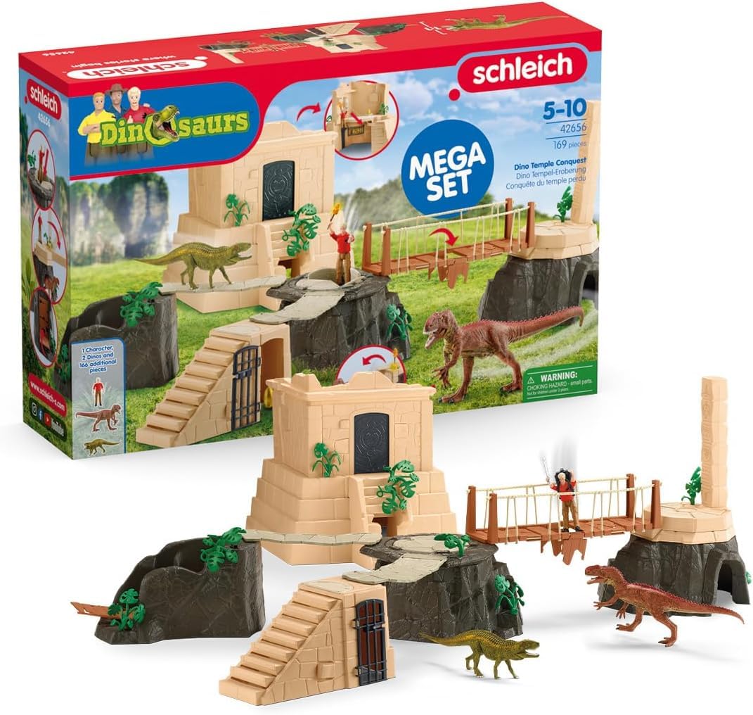 SCHLEICH Dinosaurs 42656 | Dino Tempel-Eroberung Mega-Set | mit Flynn, 2 Dinos und einem Schatz | tolles Geschenk für Mädchen und Jungen | Spielzeug ab 5 Jahren | Dinosaurier Set aus 169 Teilen