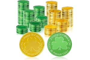 Rarapop 100 Pieces St. Patrick's Day Coins Fake Gold Green Lucky Coins, Plastic 3-Leaf Clover Coin Shamrock Leprechaun Coins for Party Decoration Favors