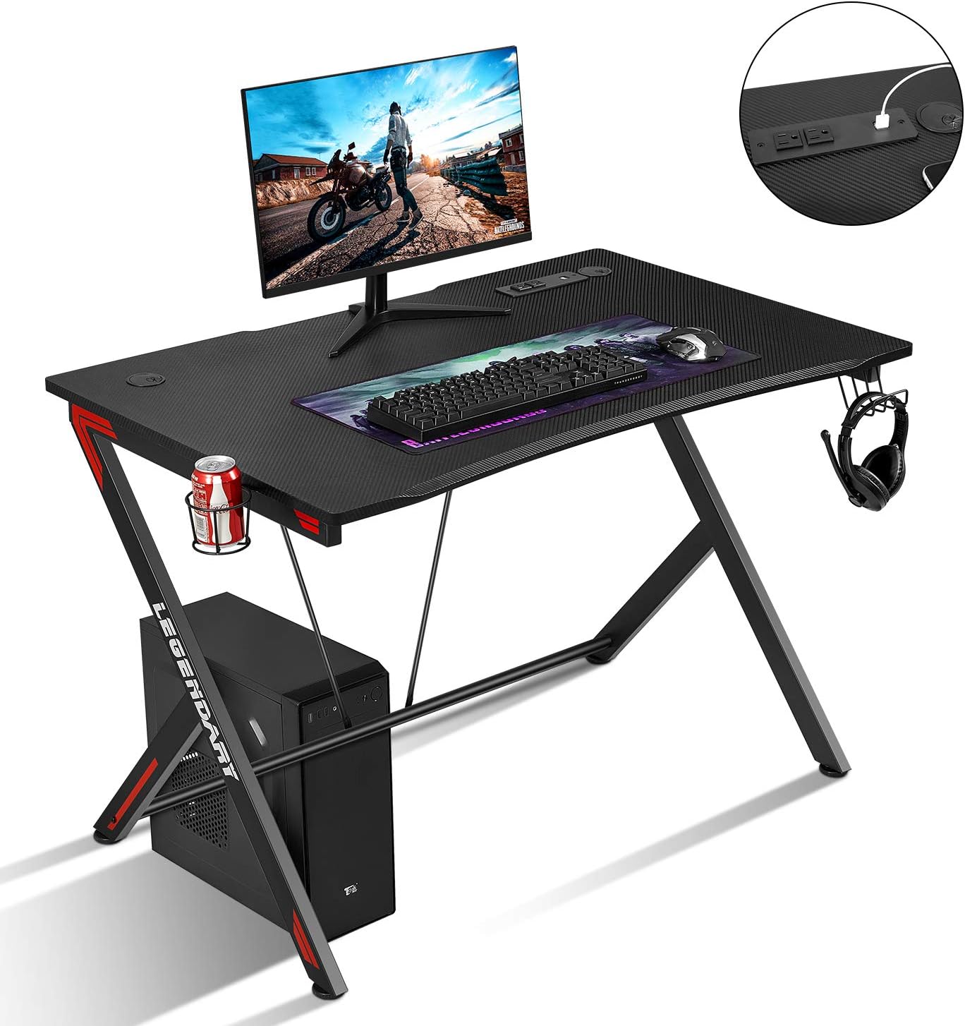Gaming Desk Racing Style Computer Desk with USB, Gaming PC Desk for Home Office, Cup Holder and Headphone Hook Gamer Workstation 45.3" W x 29" D, Black