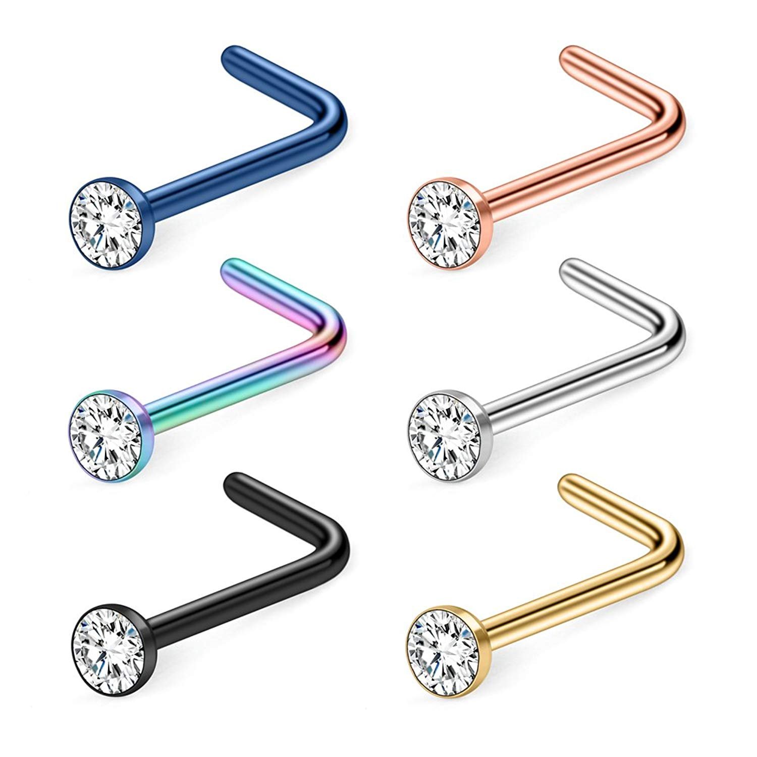 Briana Williams 6PCS Mix Color 316L Surgical Steel Nose Stud Rings L Shaped 22G 20G 18G with 2mm CZ Piercing Jewelry