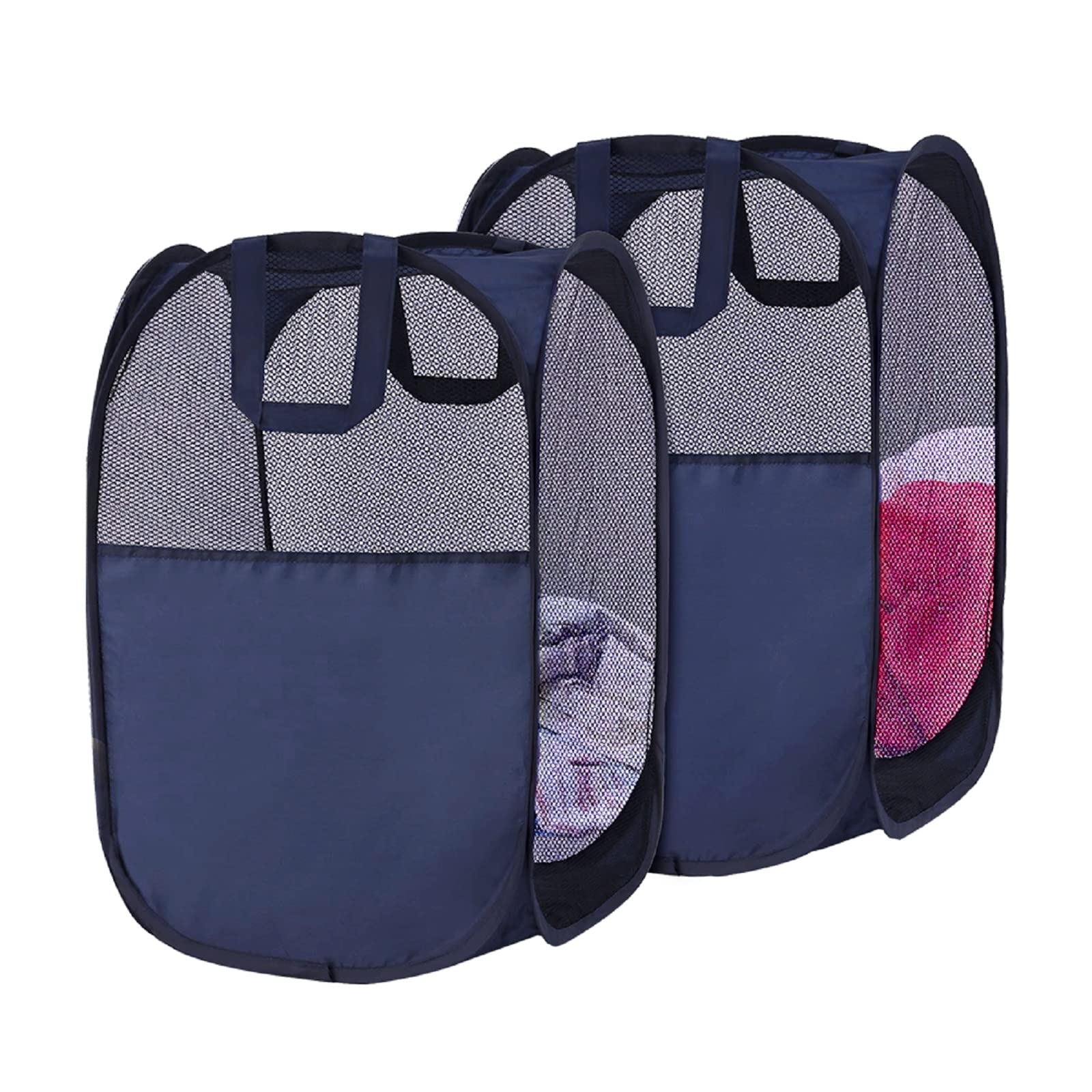 SYVOFOX 2 Pack Mesh Collapsible Laundry Baskets, Pop up Laundry Hamper Bins,Folding Washing Basket with Handles for Clothes Tidy Storage-Navy