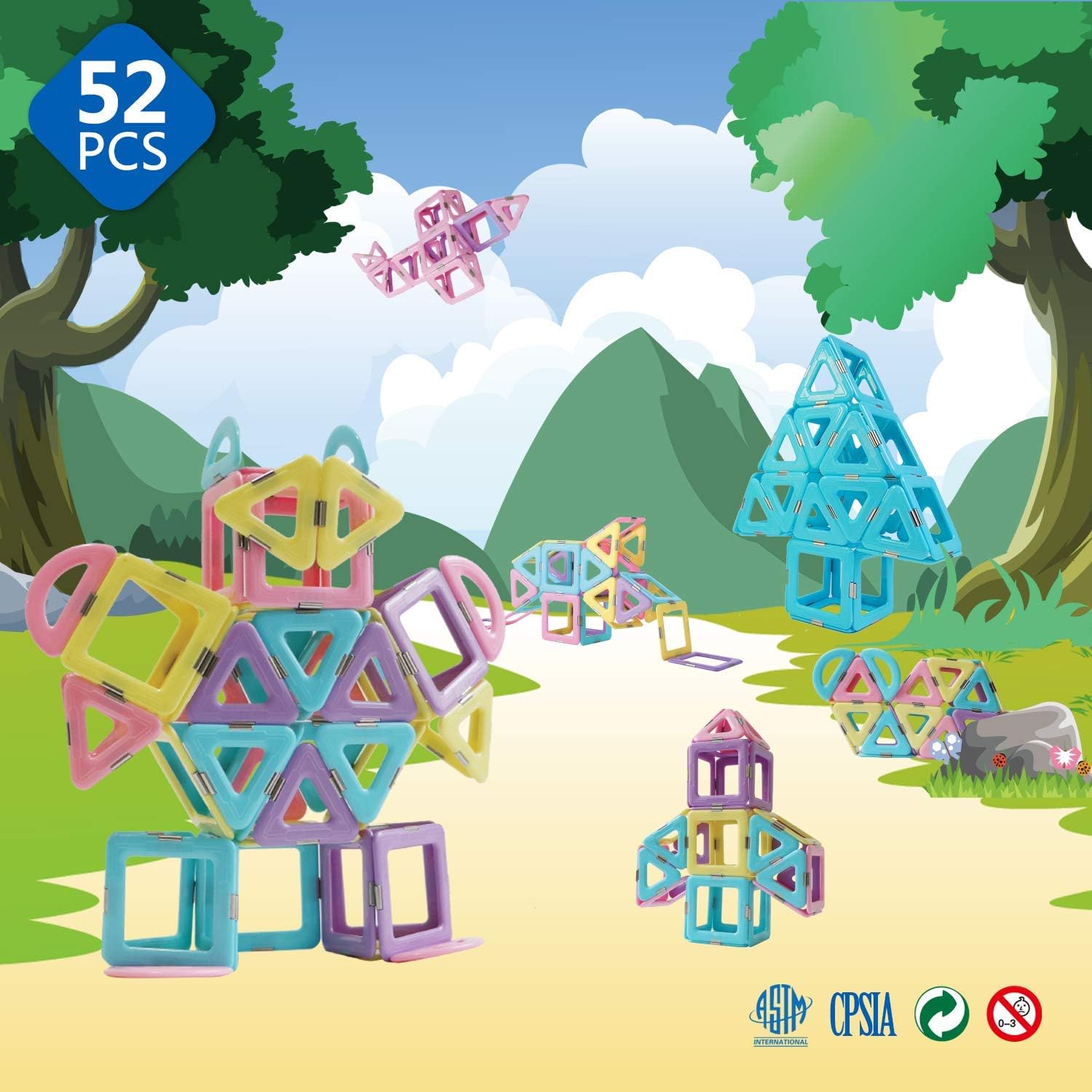 Magnetic 3D Magnet Toys 52 Pieces Set for Toddlers Boys Girls Gift Magnetic Building Blocks with Candy Color Toys: Toys & Games