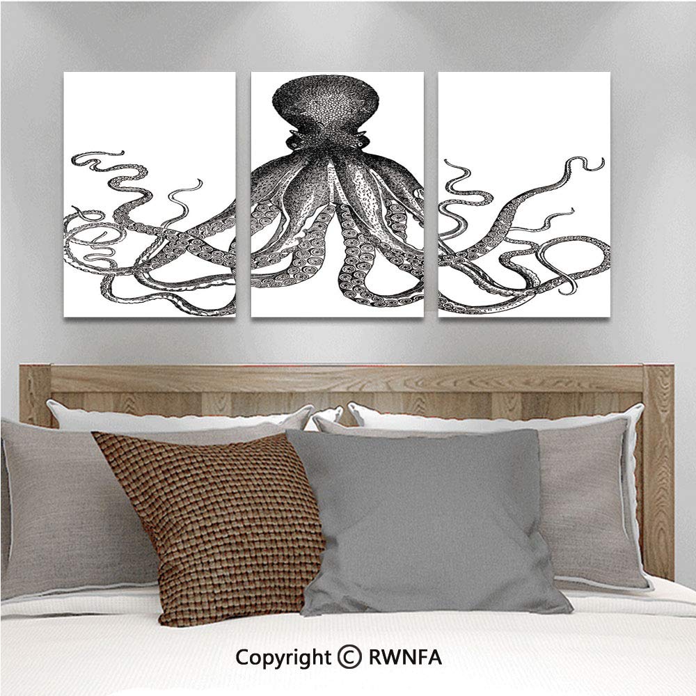 3pcs/Set Oil Painting Wall Art Vintage Engraved Illustration of an Octopus Sea Creature Monochrome Art Decorative Cubism Printed on Canvas Picture Modern Art for Home Decoration 13.8x19.7inch,
