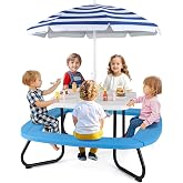 HONEY JOY Kids Picnic Table, 8 Person Toddler Outdoor Table and Chair Set, 4 Built-in Benches, Removable Umbrella, Metal Frame &amp; HDPE Top, Children Outdoor Furniture for Backyard Patio Garden (Blue)