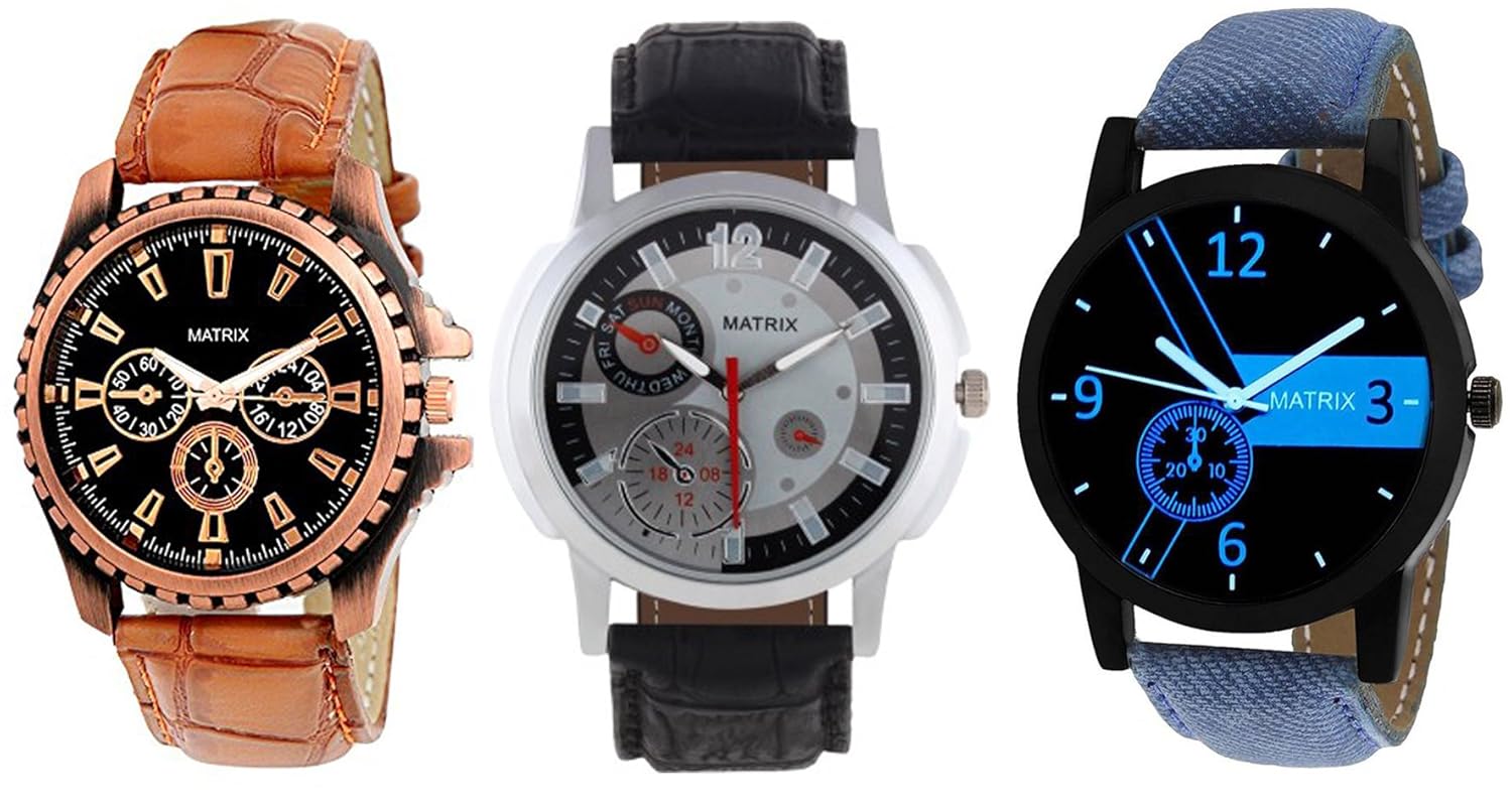 matrix multicolor dial & multicolor leather strap analog watches combo for men/boys - combo (pack of 3) - (trp-25)