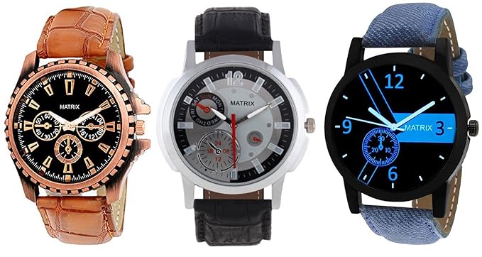 Matrix Multicolor Dial & Multicolor Leather Strap Analog Watches Combo for Men/Boys - Combo (Pack of 3) - (TRP-25)