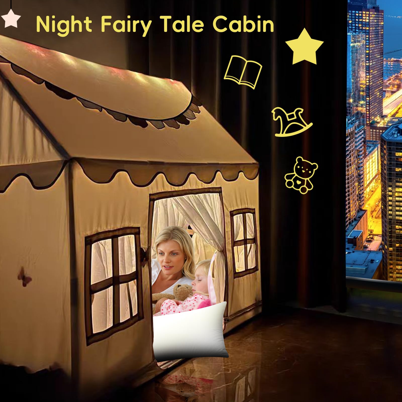 Play Tent with Padded Mat, Pennant Banners, Fairy Lights - Cream Kids Playhouse with Multiple Windows for Indoor and Outdoor, Large Play House Toys for Toddler, Boys and Girls