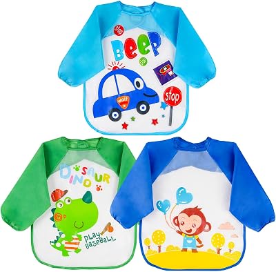 Vicloon Bibs with Sleeves 3 Pack Waterproof Long Sleeve Bibs Green/Blue