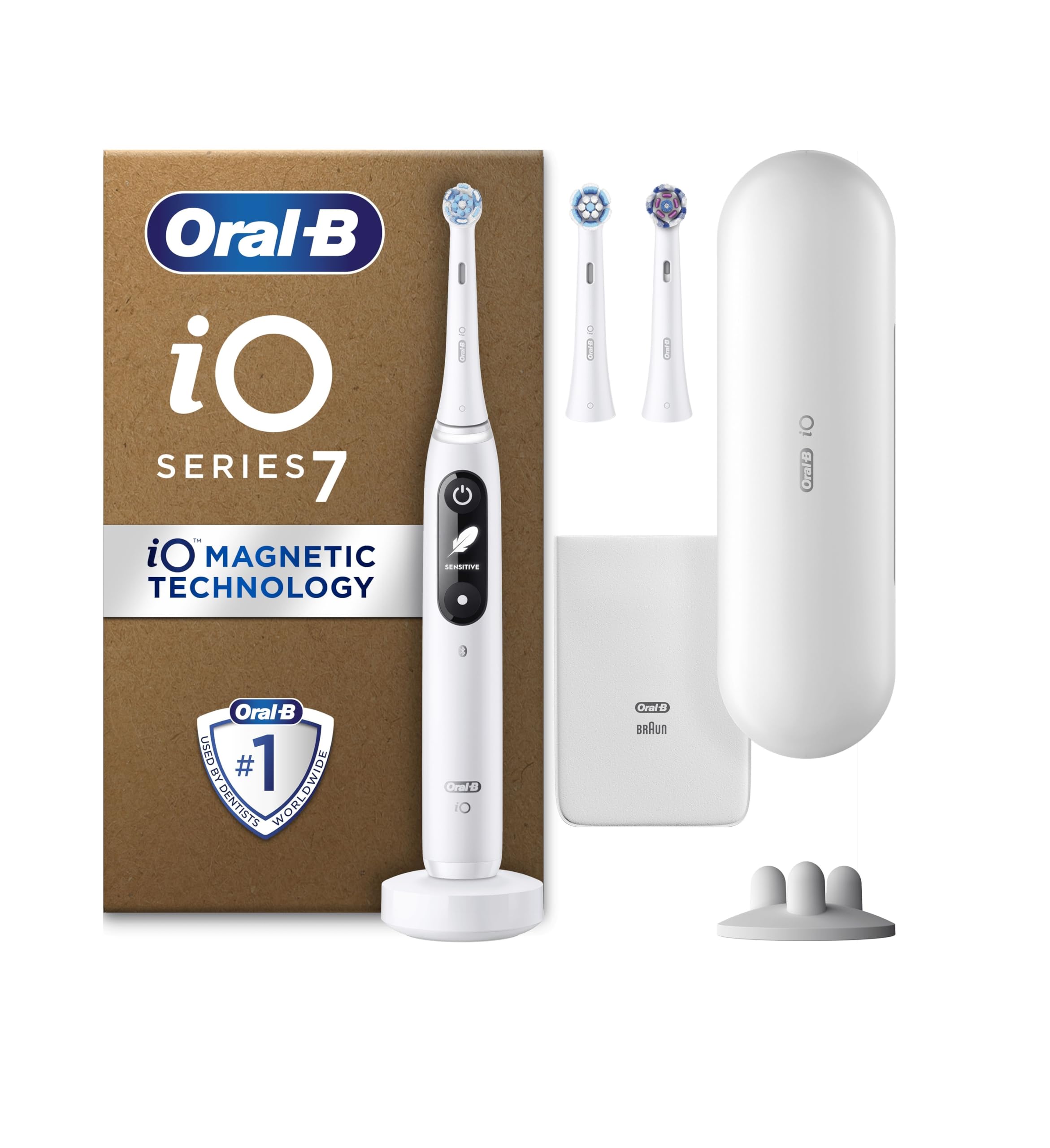 Oral-B iO7 Electric Toothbrushes For Adults, App Connected Handle, 3 Toothbrush Heads, Travel Case & Toothbrush Head Holder, 5 Modes with Teeth Whitening, White
