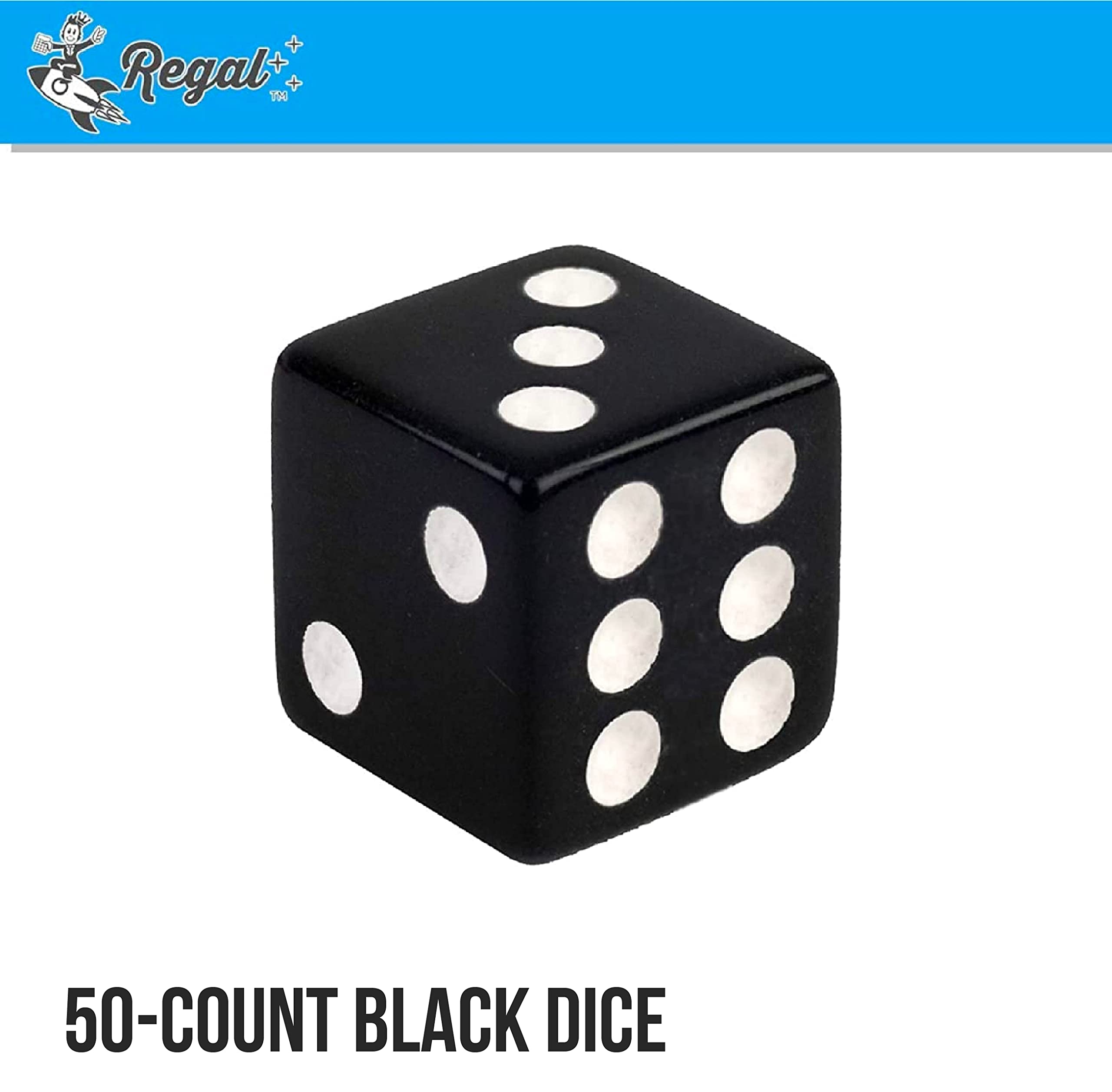 Regal Games 6 Sided Square Dice - Black, 16mm, 50 Piece Set for Family Game Night
