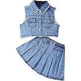 MakeMeChic Girl's Denim 2 Piece Outfit Jeans Sleeveless Button Down Vest and Pleated Skirt Set