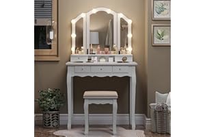 Tiptiper Makeup Vanity with Lights, Vanity Desk with Lighted Mirror and Stool, Vanity Set with 5 Drawers, 3 Light Settings & Adjustable Brightness, White