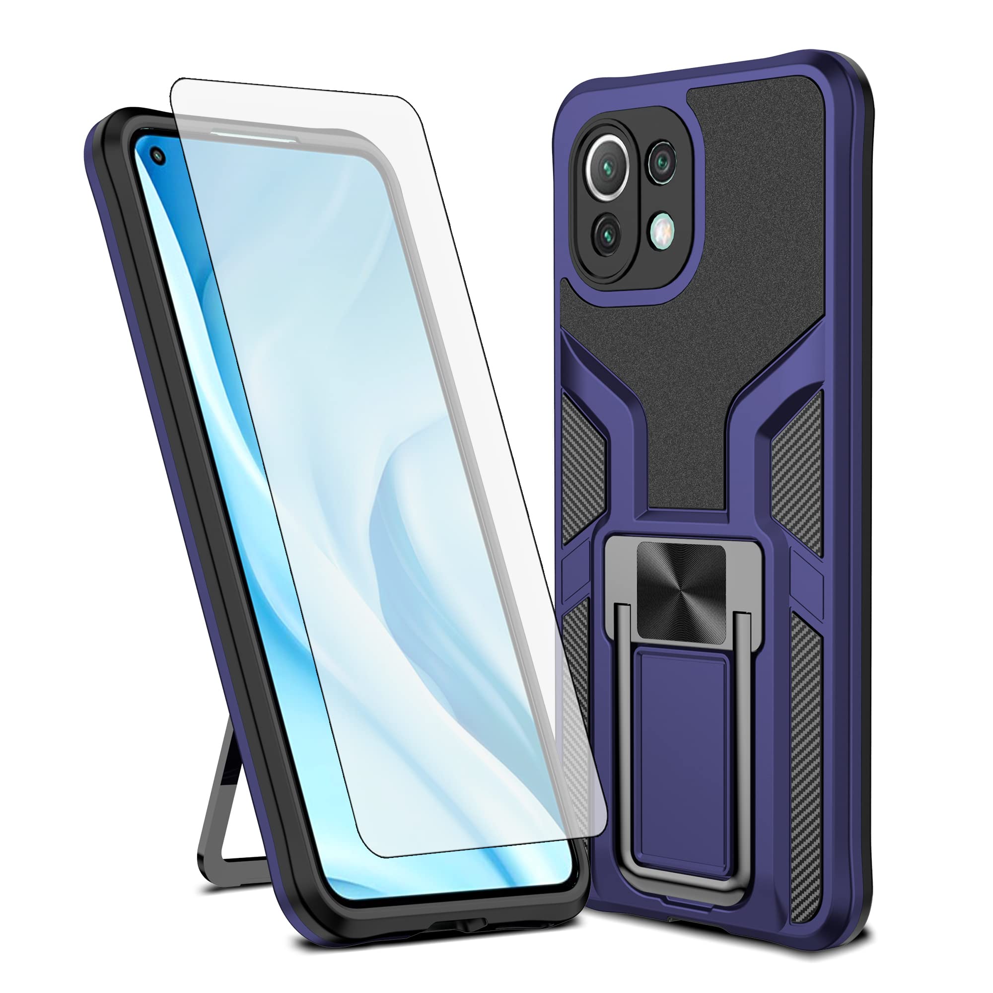 Asuwish Compatible with Xiaomi Mi 11 Lite 4G/5G Case and Tempered Glass Screen Protector Ring Holder Stand Kickstand Cell Accessories Phone Cover for Mi11Lite Mi11 11Lite G5 Women Men Blue