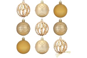 2.36"/60mm Champagne Gold Christmas Balls Ornaments Set, NEVSETPO 9PCS Xmas Tree Grinch Ornaments Shatterproof Creative Design Exquisite for Holiday Party Wedding Decoration Gift
