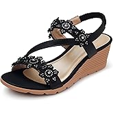 SHIBEVER Wedge Sandals for Women Dressy: Summer Open Toe Low Platform Wedges Sandals Elastic Ankle Strap Flower Comfortable Casual Shoes