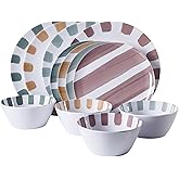Gibson Home Cottage Stripes 12-Piece Melamine Plates and Bowls Dinnerware Set - Outdoor, Camping, & Everyday Use - Assorted Colors
