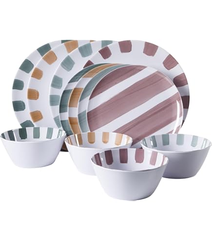 Beaded Crackle 12 Piece Melamine Camping Dinnerware Set, Plates and Bowls Sets, Indoor and