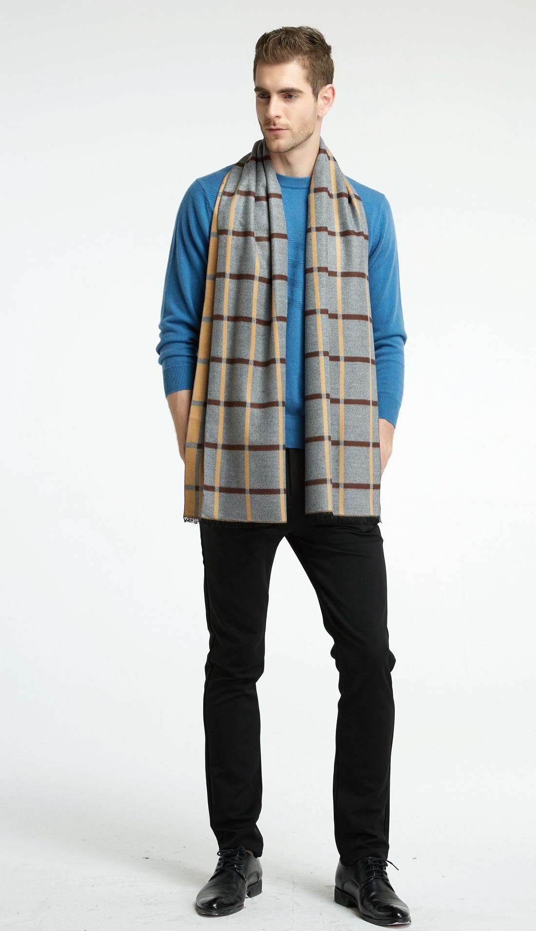 CHTIE Brushed Warm Soft Cashmere Feel Men\'s Scarf Winter (Beige Square)