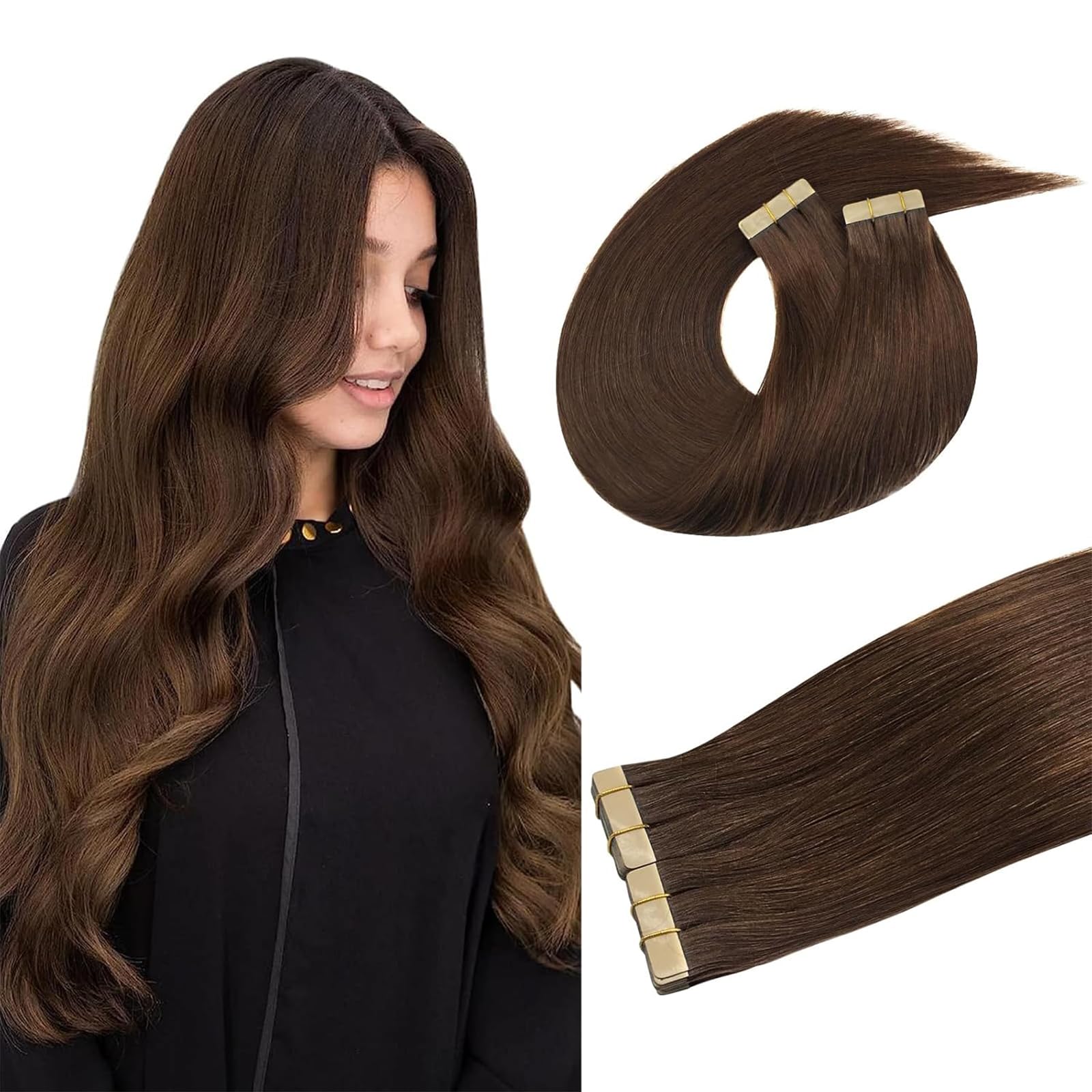 DOORES Hair Extensions Real Human Hair, Chocolate Brown 100g 40pcs 14 Inch, Tape in Human Hair Extensions Remy Silky Straight Skin Weft Real — image 1