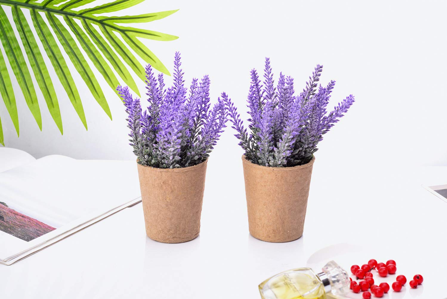 AlphaAcc 2 Piece 8 inches Potted Lavender Artificial Flower with Metal Wire Hanging Display for Home Decoration