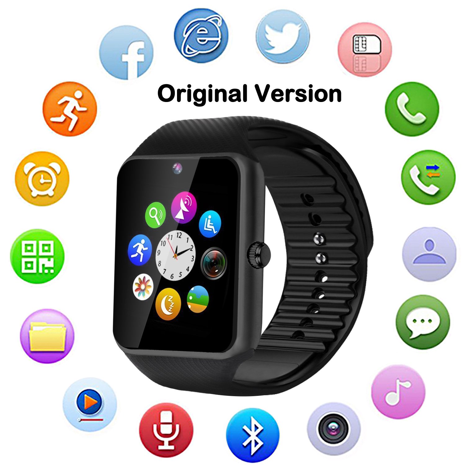 Upgraded Large Screen Smart Watch with Camera, Waterproof Touch Screen Smartwatch with SIM Card Slot,  Watch Cell Phone for Android/iOS Phones (08black)