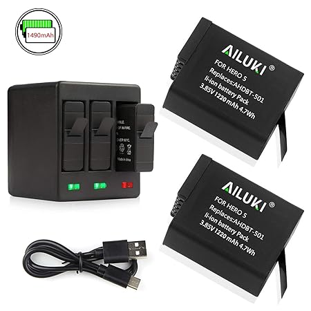 AILUKI 2 Stück 1220mAh Ersatzakku für Gopro Hero 2018,GoPro Hero5 Black,Gopro Hero 6 Black,Gopro Hero 7 Black Aufladeset 100%