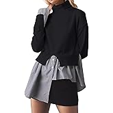 SHBECYDE Women Turtleneck Slit Patchwork Knit Pullover Sweater 2 in 1 Asymmetrical Hem Striped Button Down Shirt Tops
