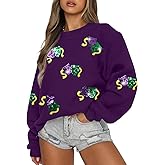KIDDAD Mardi Gras Sweatshirt for Women Carnival Sequin Crewneck Sweater Mask Graphic Pullover Tops Funny Holiday Shirts