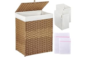 GREENSTELL Laundry Hamper with Lid, 90L Clothes Hamper with 2 Removable Liner Bags & 2 Mesh Laundry Bags, Handwoven Synthetic Rattan Laundry Basket for Clothes, Toys in Bathroom, Bedroom Natural