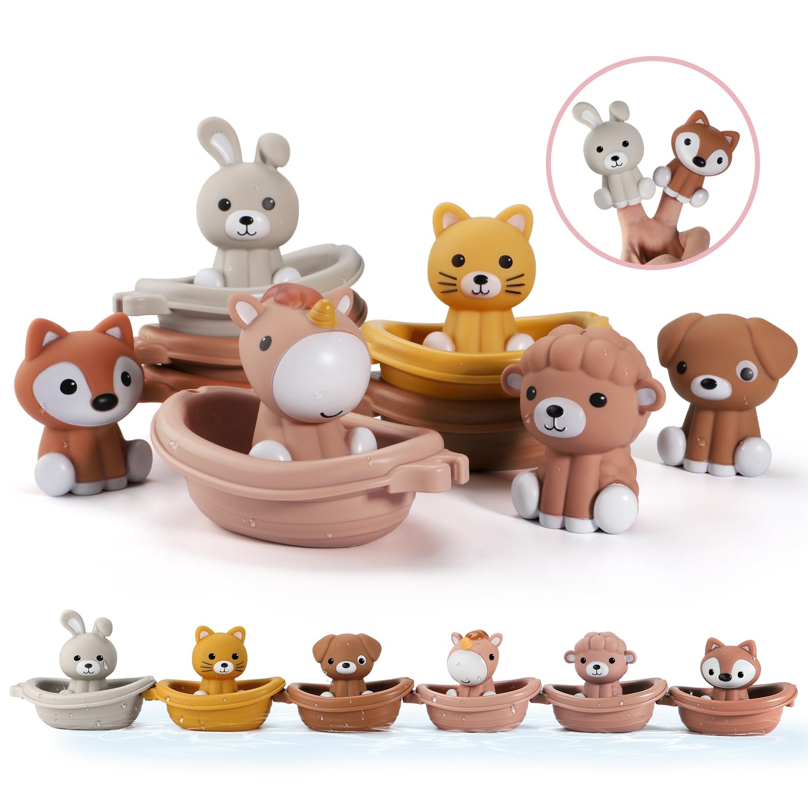 Nueplay Girls Bath Toys for Toddlers 1-3 Years | 12 Pcs with Animal Finger Puppets & Stacking Boat Train| New Baby Girl Gift Set