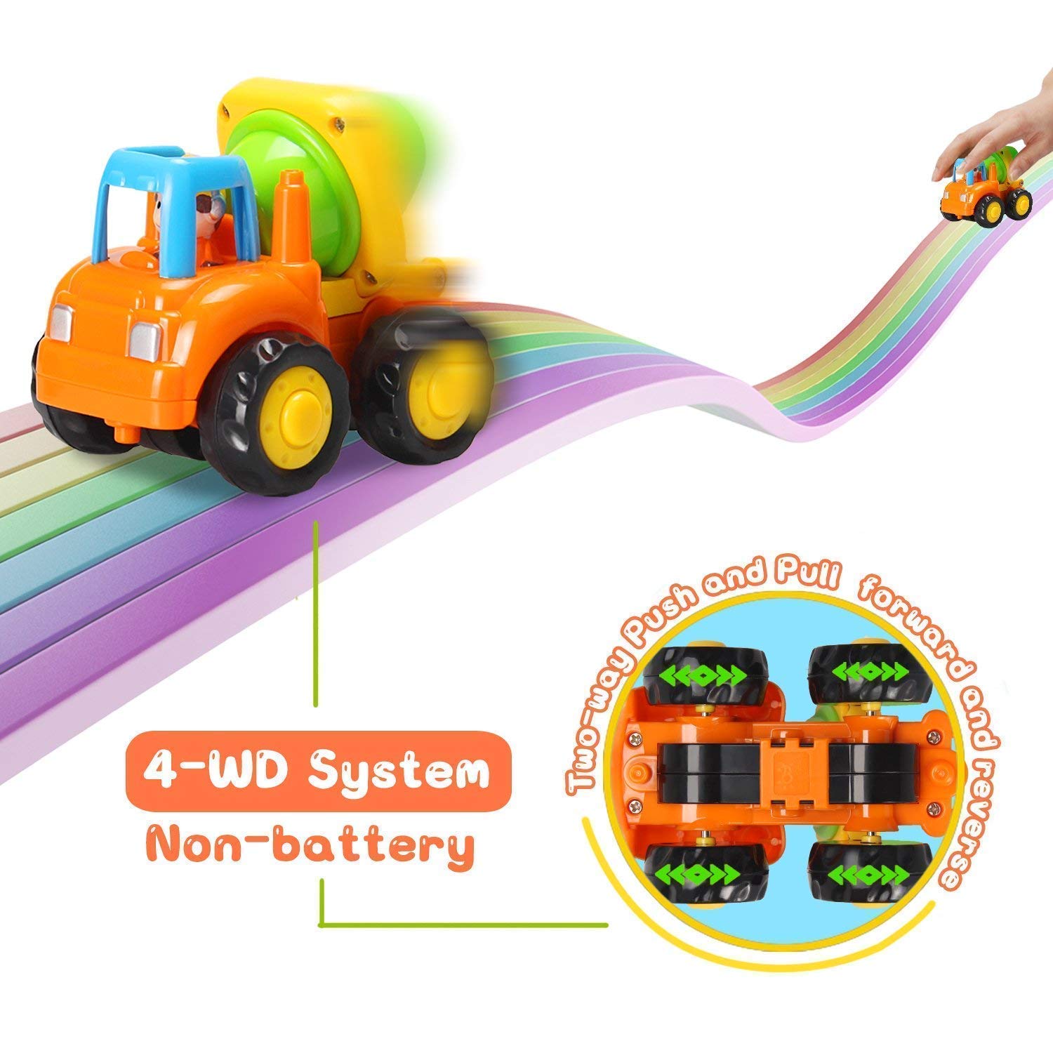 MOONTOY Baby Spielzeugauto Bagger Konstruktionsfahrzeuge Baufahrzeuge 4 in einem Set für Kinder, Traktor, Bulldozer, Kipper & Zementmischer 4