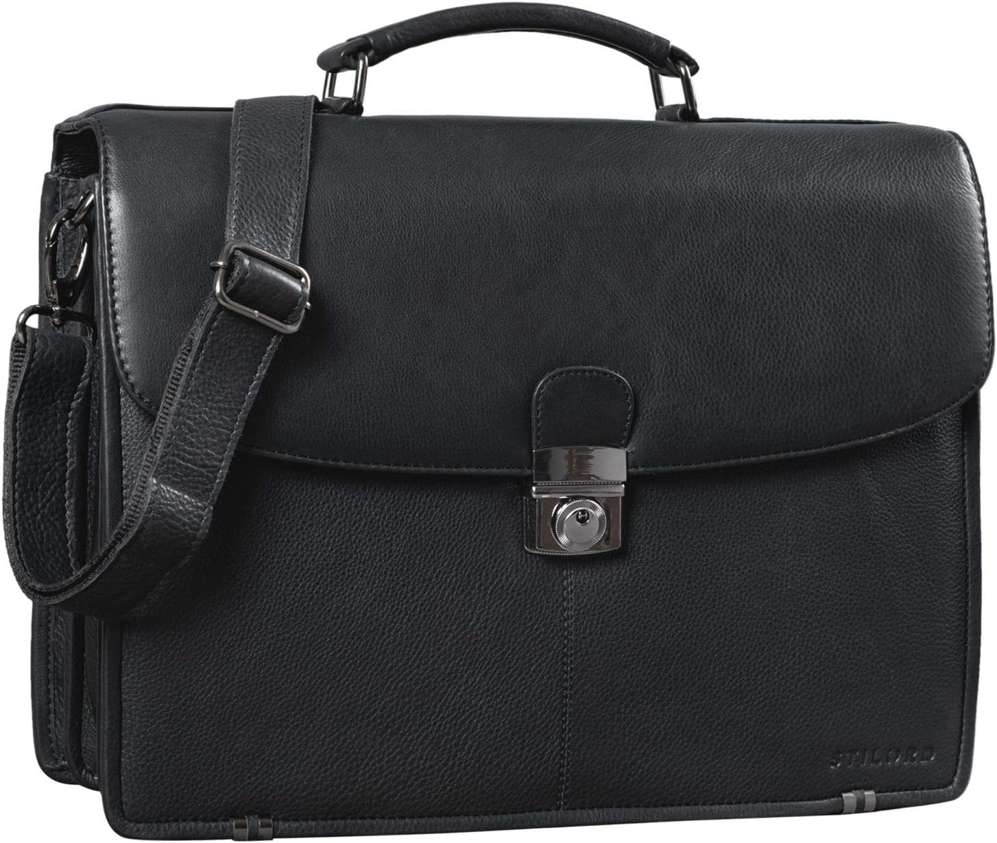 STILORDMiguel' Classic Briefcase Leather Men Portfolio for Business Office Shoulder Bag for Laptop 15.6 inches, Colour:Obsidian Black