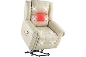 ComeWay Large Power Lift Chair for Elderly, PU Leather Recliner Chair with Massage & Heat, Electric Lift Recliner Chair for Living Room with Side Pocket, USB & Type-C Charge Port, Cream