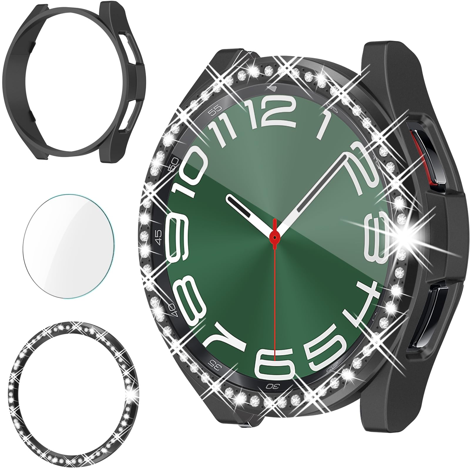 RICHONE 3 in 1 Bling Case for Samsung Galaxy Watch 6 Classic 43 mm Screen Protector Black, Hard Tempered Glass Rhinestones Bumper Face Covers for Samsung Watch 6 Classic Accessories (SM-R950 43mm)