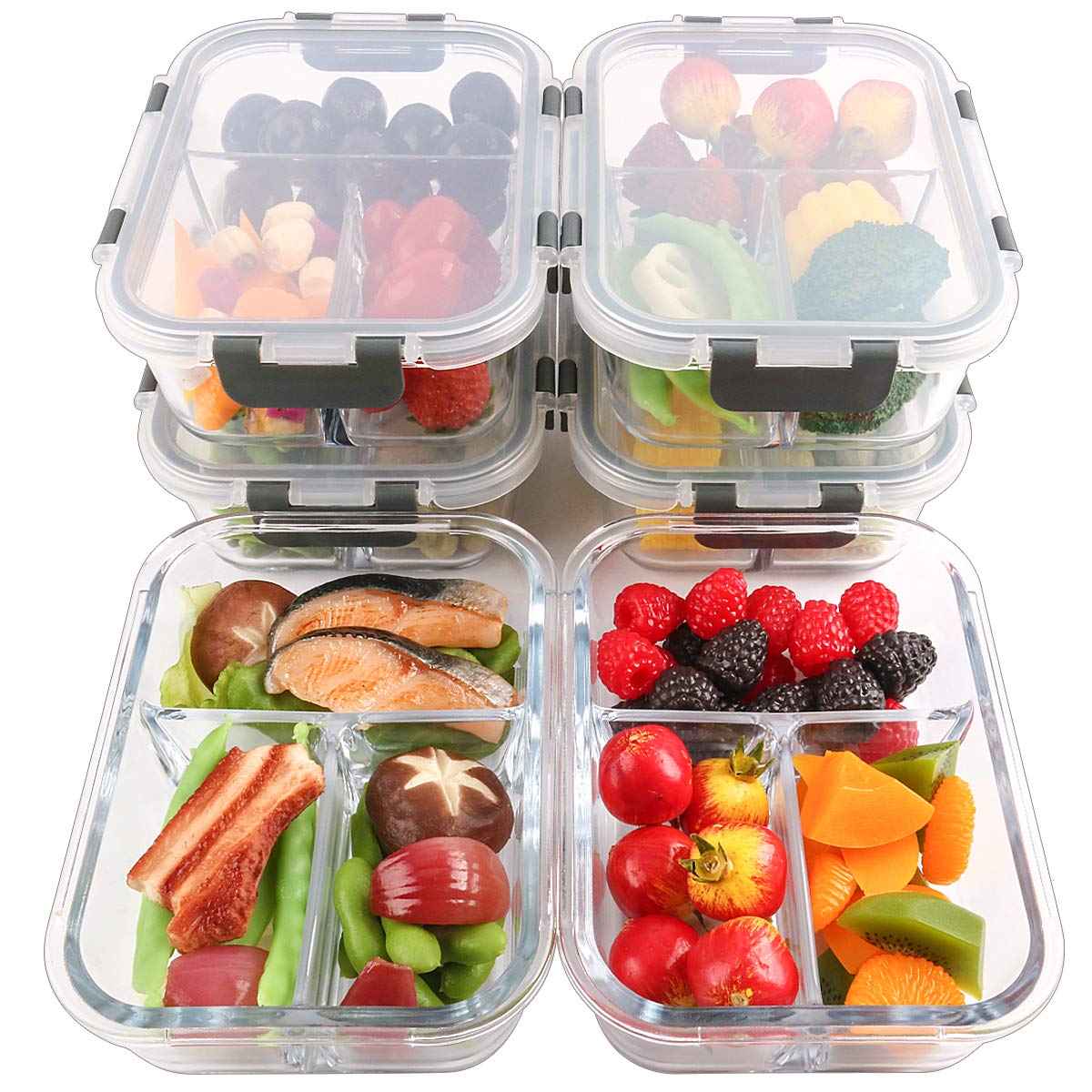 [6-Packs] Glass Meal Prep Containers 3 Compartment with Lids, Glass Lunch Containers,Food Storage Lunch Box,Bento Box,BPA-Free, Microwave, Oven, Freezer, Dishwasher Safe (36 oz)