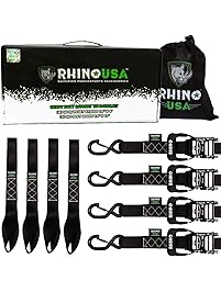 RHINO USA Ratchet Straps Motorcycle Tie Down Kit, 5,208 Break Strength - Includes (4) Heavy Duty 1.6" x 8' Rachet Tiedowns with Padded Handles & Coated Chromoly S Hooks + (4) Soft Loop Tie-Downs&hellip;