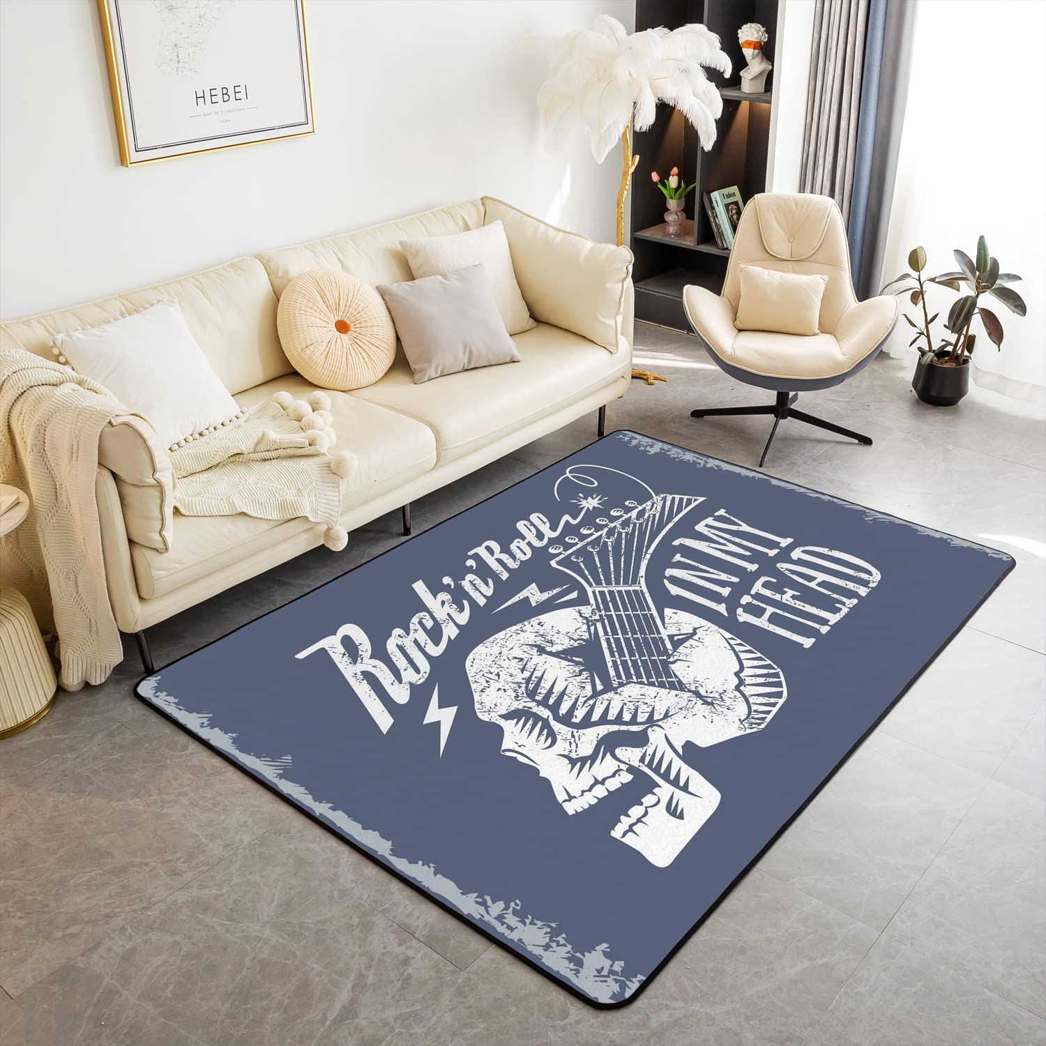 Homemissing Skull Area Rug 100x150cm Rock Music Skull Pattern Rugs Mat For Living Room Bedroom Skeleton Musical Theme Decor Carpet Non Slip Area Runner Rug