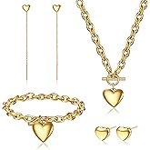 MEDOJO 4 Pcs Golden Heart Jewelry Set Heart Pendant Chain Necklace Bracelet Stud Earring Dangle Earring for Women