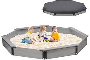 MEDERRA 85''x78''x9'' Wooden Octagon Sandbox with Cover, Large Sandpit for Kids Outdoor Patio Backyard Play, Easy & Quick Assemble