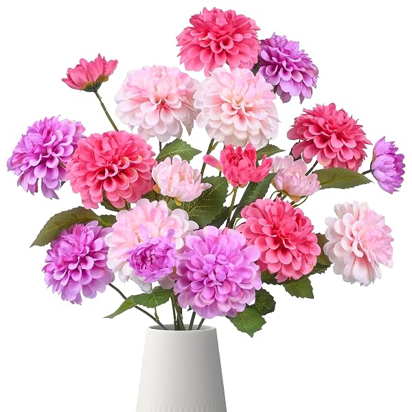 INXUGAO ARTIFICIAL FLOWERS FOR VASE,6 BUNCHES FAKE 27.5“ LONG STEMS SILK POMPON DAHLIA FOR INDOOR OUTDOORS HOME DECOR, FRONT DOOR PORCHES YARD PATIO GARDEN PLANTERS – [2 PURPLE + 2 ROSE RED + 2 PINK]