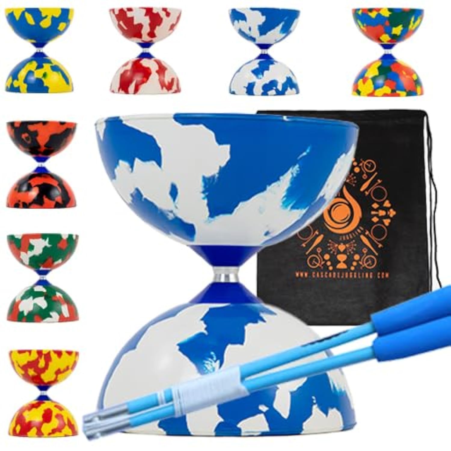 Juggle Dream and Cascade Jester Diabolo Set with Fibre Sticks, Diabolo String - Pro Medium Rubber Diablo Set With Cascade Carry Bag (Blue and White) โ image 1