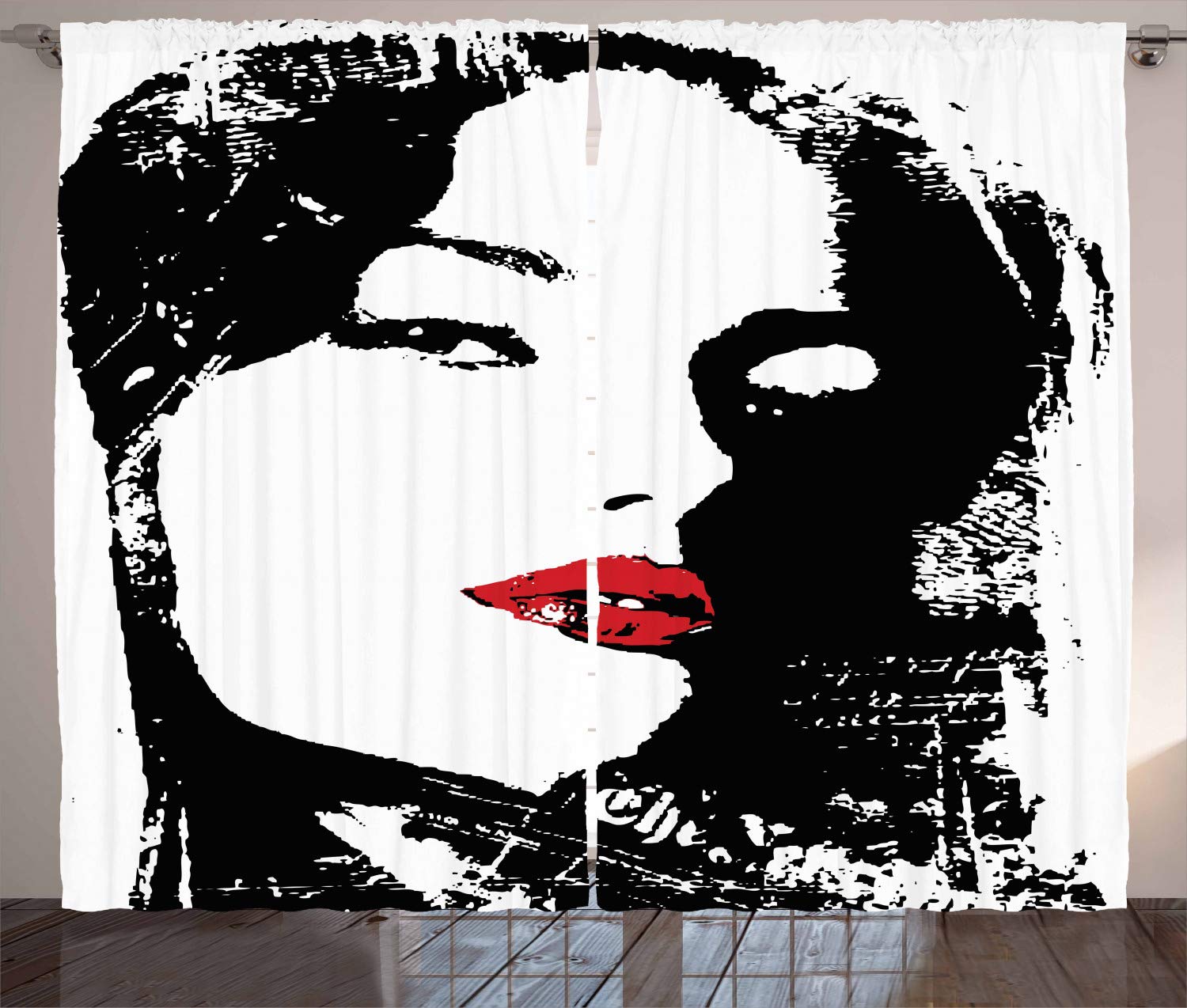 ABAKUHAUS Woman Curtains, Funny Seductive Woman Cool Silhouette with Feminine Style, Living Room Bedroom Window Drapes 2 Panel Set, 69 W X 110 L, Black Red