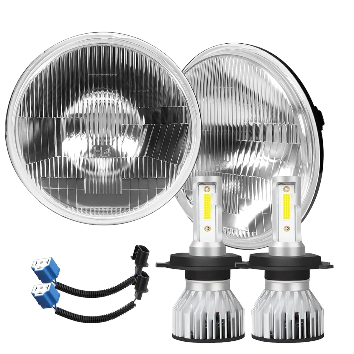 Photo 1 of IHNZCB H4/9003 LED Headlight Bulbs + 7 Inch H6024 Glass Round LED Headlight Housing,Halogen Sealed High Low Dual Beam,Original Classic Look Conversion Pair Kit Pair