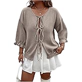 Floerns Women's Plus Size Bow Tie Front Cardigan Sweater Half Sleeve Ruffle Trim Pullover