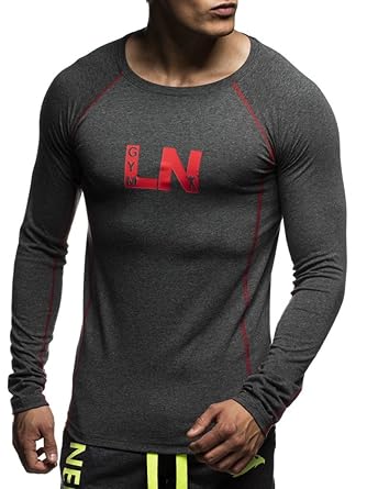 LEIF NELSON Gym Herren Fitness Shirt Rundhals-Ausschnitt Slim Fit | Langarm Männer Trainingsshirt Top Rundkragen | Sport Swea