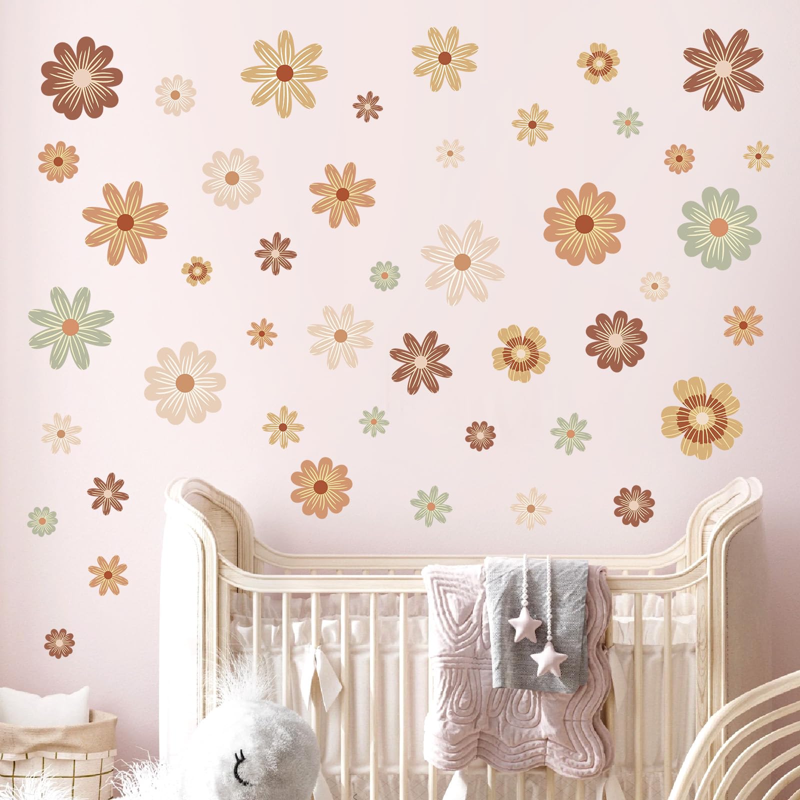 decalmile Boho Daisy Flower Wall Decals Retro Floral Polka Wall Stickers Baby Nursery Girls Room Bedroom Wall Decor