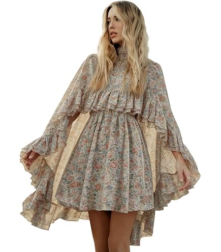 Women Flowy Two Piece Chiffon Slip Dress with Outer Cape Semi- Sheer Tiered Ruffle Dress, Poncho Sleeve, Mock Neck (US, Alpha, Small, Regular, Regular, Blue) : Clothing, Shoes & Jewelry