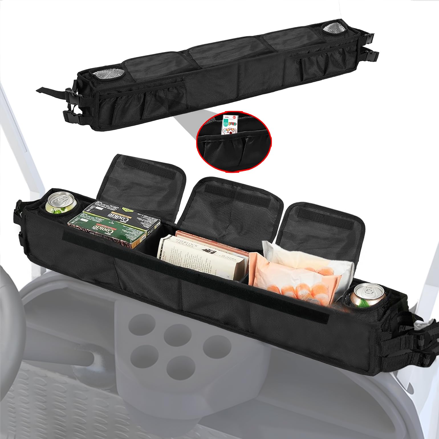 Photo 1 of No-Drilling Golf Cart Inner Front Storage Basket with 2 Insulated Cup Holders, Foldable Dash Tray Storage Organizer Compatible with EZGO Club Car Kandi Electirc, Practical Golf Car Accessories